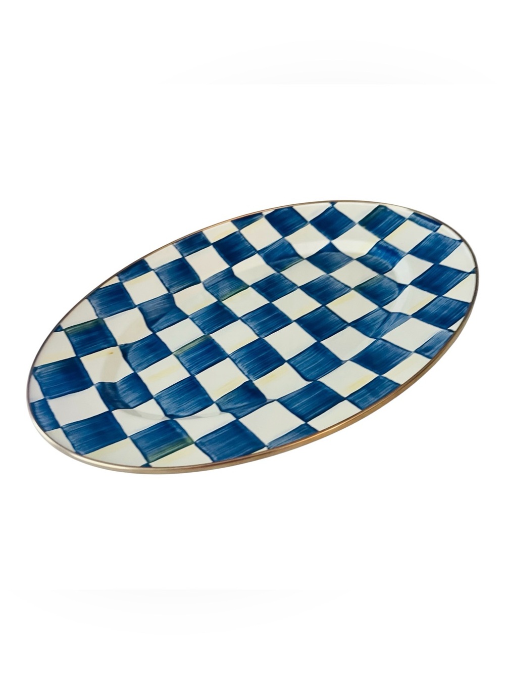 MacKenzie-Childs Royal Check Oval Serving Platter 16” Blue White Enamel